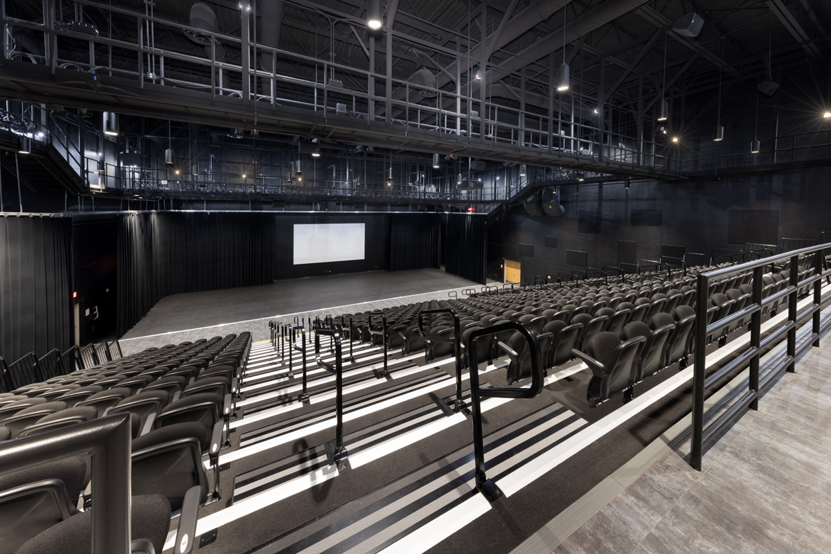 Interior design view of the black box theater at Gateway High School in Fort Myers, FL.